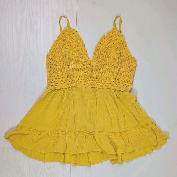Blush Womens L Yellow Crochet Peplum Tank Top Boho Ruffle Hem Y2K Festival Cami - Picture 1 of 9